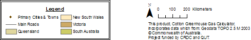 This product: Cotton Greenhouse Gas Calculator Incorporates data which from: Geodata TOPO 2.5M 2003, Copyright Commonwealth of Australia. Project funded by CRDC and QUT.